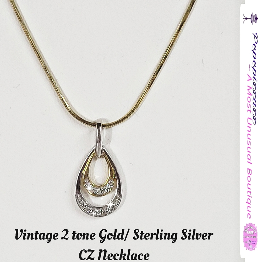 Vintage 18k gold/ Sterling silver Pear shaped CZ pendant and chain 2 tone Dainty